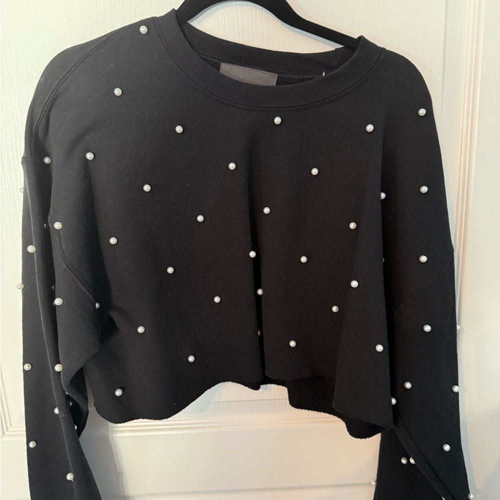 Carmar denim Black Pearl-Embellished Cropped Crewneck